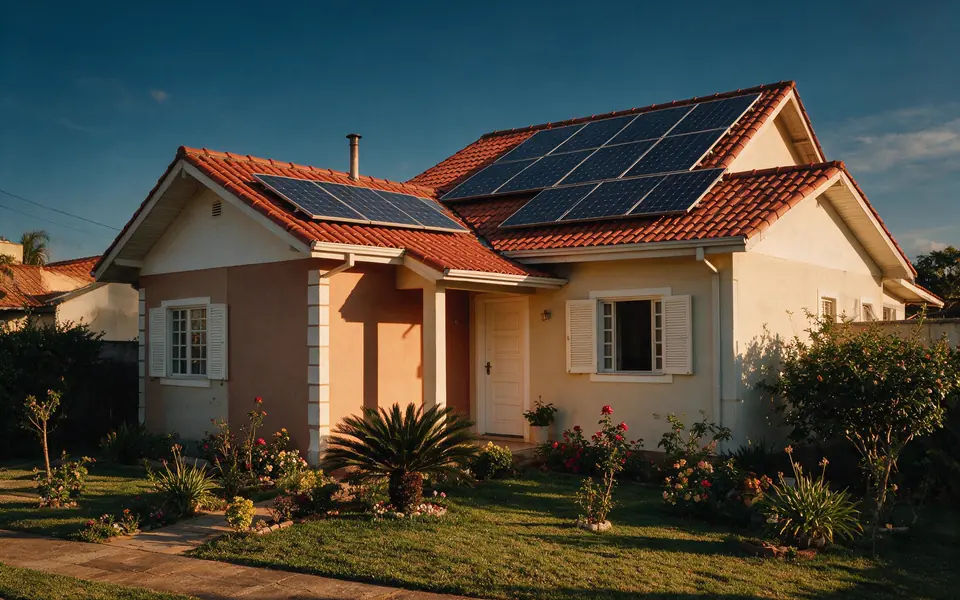 Casa com módulos fotovoltaicos no telhado de telha colonial