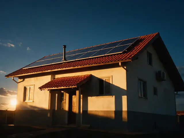 Casa com sistema solar no telhado ao fim da tarde