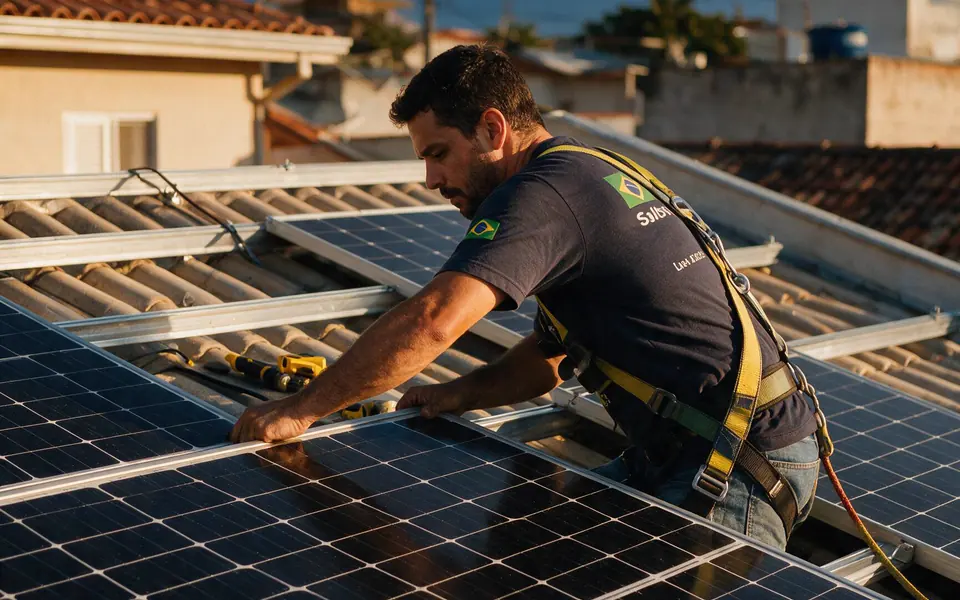 Técnico instalando módulos fotovoltaicos em telhado