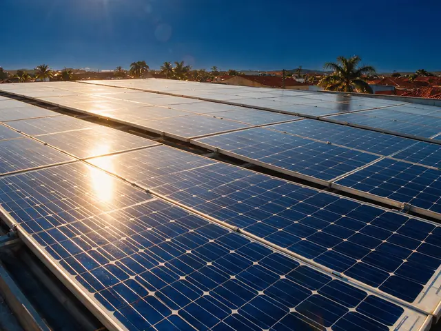 Usina fotovoltaica em telhado comercial ao pôr do sol